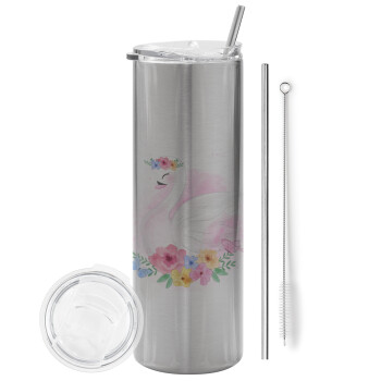 White swan, Tumbler stainless steel Silver 600ml, with metal straw & cleaning brush