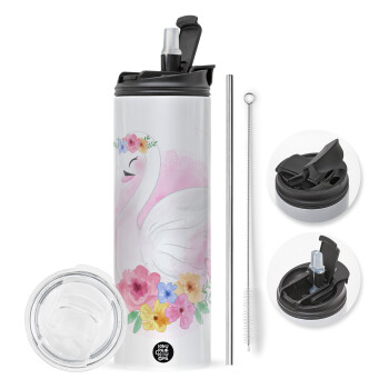 White swan, Travel Tumbler 2 Lids, with metal straw & cleaning brush (Stainless steel 304 Food grade, BPA free, 600ml)