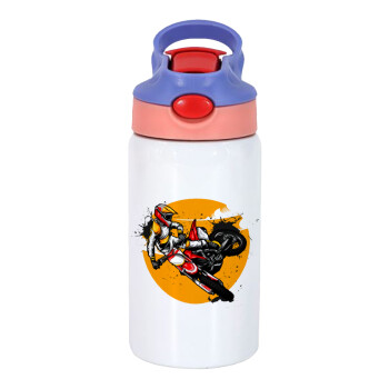 Motocross, Παιδικό παγούρι θερμό, ανοξείδωτο, με καλαμάκι ασφαλείας, ροζ/μωβ (350ml)