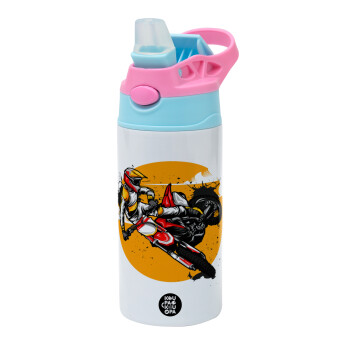 Motocross, Children's hot water bottle, stainless steel, with safety straw, Pink/BlueCiel (360ml) BPA FREE