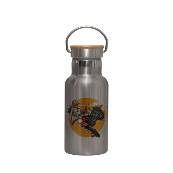 Motocross, Stainless steel metallic thermos flask, silver with a bamboo lid, double-walled, 350ml.