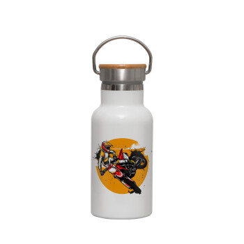 Motocross, Metallic thermos (Stainless steel) White with wooden lid (bamboo), double-walled, 350ml