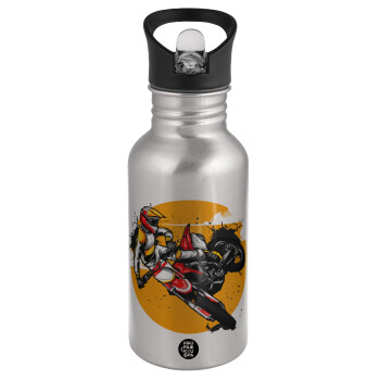 Motocross, Water bottle Silver with straw, stainless steel 500ml