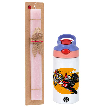 Motocross, Easter Set, Children's thermal stainless steel water bottle with safety straw, pink/purple (350ml) & Easter scented flat candle (30cm) (PINK)