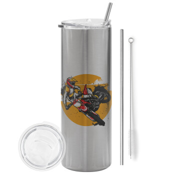 Motocross, Tumbler stainless steel Silver 600ml, with metal straw & cleaning brush