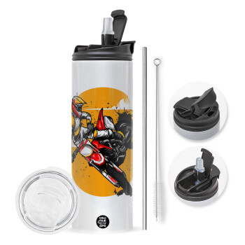 Motocross, Travel Tumbler 2 Lids, with metal straw & cleaning brush (Stainless steel 304 Food grade, BPA free, 600ml)