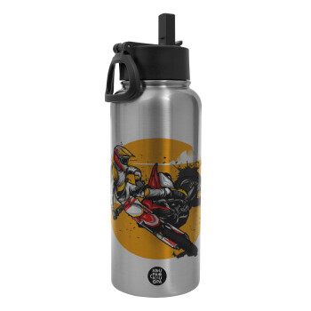 Motocross, Metal mug thermo Silver with Straw and Spout Lid (Stainless steel), double wall, 950ml