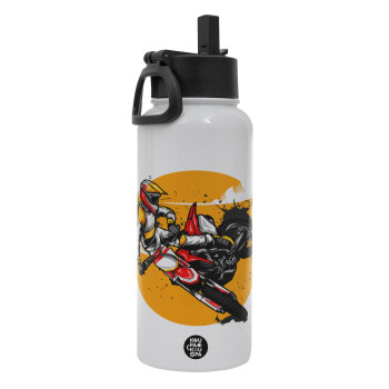 Motocross, Metal mug thermo White with Straw and Spout Lid (Stainless steel), double wall, 950ml