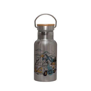 Life is a trip, Stainless steel metallic thermos flask, silver with a bamboo lid, double-walled, 350ml.