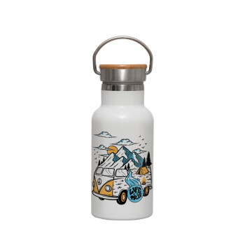 Life is a trip, Metallic thermos (Stainless steel) White with wooden lid (bamboo), double-walled, 350ml