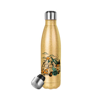 Life is a trip, Glitter gold stainless steel thermos bottle, double-walled, 500ml