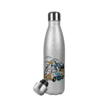 Life is a trip, Metallic Glitter Silver Thermos Flask (Stainless steel), double-walled, 500ml