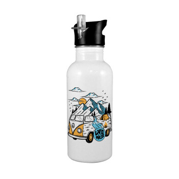 Life is a trip, White water bottle with straw, stainless steel 600ml