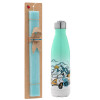 Easter Set, Metallic green/white thermos (Stainless steel), double-walled, 500ml & scented flat Easter candle (30cm) (TURQUOISE)