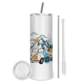 Life is a trip, Eco friendly ποτήρι θερμό (tumbler) από ανοξείδωτο ατσάλι 600ml, με μεταλλικό καλαμάκι & βούρτσα καθαρισμού