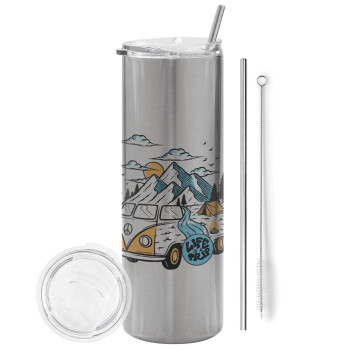 Life is a trip, Tumbler stainless steel Silver 600ml, with metal straw & cleaning brush