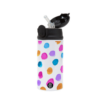 Watercolor dots, Children's hot water bottle, stainless steel, with safety straw, Black (360ml) BPA-FREE