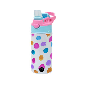 Watercolor dots, Children's hot water bottle, stainless steel, with safety straw, Pink/BlueCiel (360ml) BPA FREE