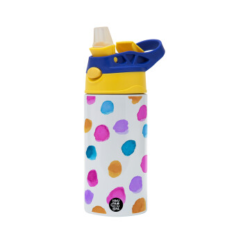 Watercolor dots, Children's hot water bottle, stainless steel, with safety straw, green, blue (360ml) BPA FREE