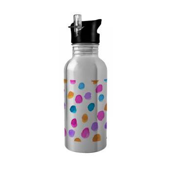 Watercolor dots, Παγούρι νερού Ασημένιο με καλαμάκι, ανοξείδωτο ατσάλι 600ml