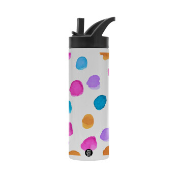 Watercolor dots, Metallic thermos bottle with straw & handle, stainless steel (Stainless steel 304), double-walled, 600ml.