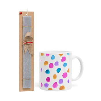 Watercolor dots, Easter Set, Ceramic Cup (330ml) & Easter aromatic flat candle (30cm) (GRAY)