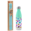 Easter Set, Metallic green/white thermos (Stainless steel), double-walled, 500ml & scented flat Easter candle (30cm) (TURQUOISE)