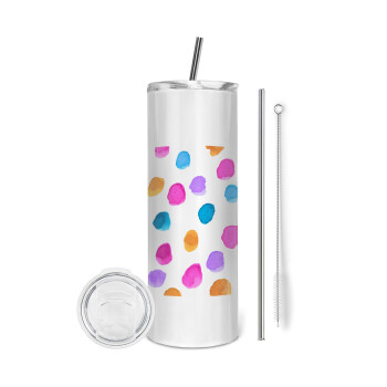 Watercolor dots, Tumbler ποτήρι θερμό από ανοξείδωτο ατσάλι 600ml, με μεταλλικό καλαμάκι & βούρτσα καθαρισμού