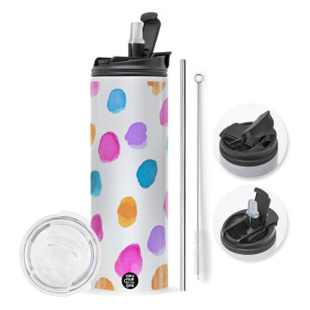 Watercolor dots, Travel Tumbler θερμό με διπλό καπάκι, μεταλλικό καλαμάκι και βούρτσα καθαρισμού (Ανωξείδωτο 304 Food grade, BPA free, 600ml)