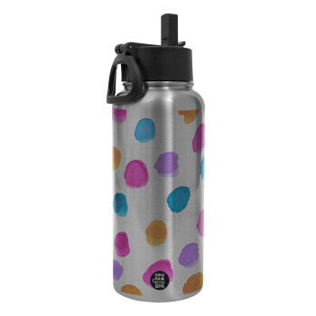 Watercolor dots, Metal mug thermo Silver with Straw and Spout Lid (Stainless steel), double wall, 950ml