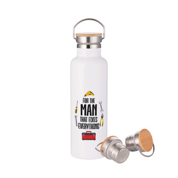For the man that fixes everything!, Stainless steel White with wooden lid (bamboo), double wall, 750ml