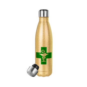 Φαρμακείο, Glitter gold stainless steel thermos bottle, double-walled, 500ml