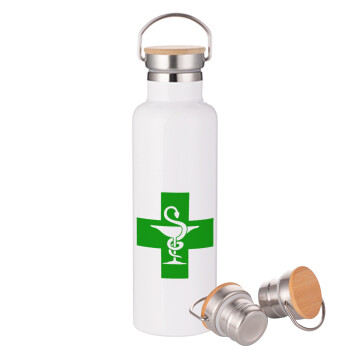 Φαρμακείο, Stainless steel White with wooden lid (bamboo), double wall, 750ml