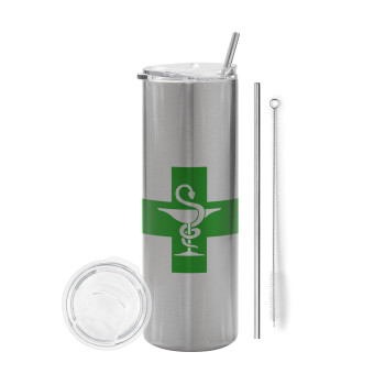 Φαρμακείο, Tumbler stainless steel Silver 600ml, with metal straw & cleaning brush