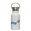 Metallic thermos (Stainless steel) White with wooden lid (bamboo), double-walled, 350ml