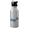 Water bottle Silver with straw, stainless steel 600ml