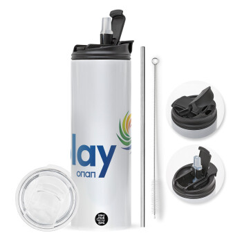 Play by ΟΠΑΠ, Travel Tumbler 2 Lids, with metal straw & cleaning brush (Stainless steel 304 Food grade, BPA free, 600ml)