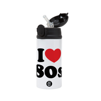 I Love 80s, Children's hot water bottle, stainless steel, with safety straw, Black (360ml) BPA-FREE