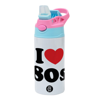 I Love 80s, Children's hot water bottle, stainless steel, with safety straw, Pink/BlueCiel (360ml) BPA FREE