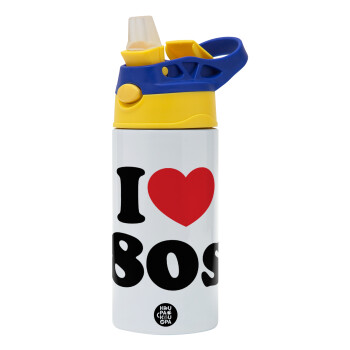 I Love 80s, Children's hot water bottle, stainless steel, with safety straw, green, blue (360ml) BPA FREE