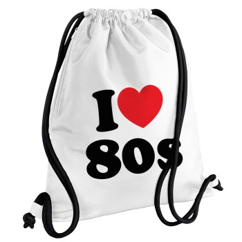 I Love 80s, Τσάντα πλάτης πουγκί GYMBAG λευκή, με τσέπη (40x48cm) & χονδρά κορδόνια