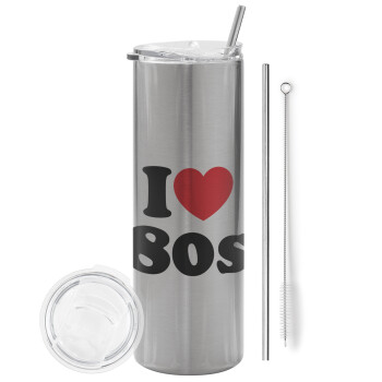 I Love 80s, Eco friendly ποτήρι θερμό Ασημένιο (tumbler) από ανοξείδωτο ατσάλι 600ml, με μεταλλικό καλαμάκι & βούρτσα καθαρισμού