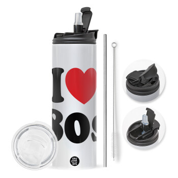 I Love 80s, Travel Tumbler θερμό με διπλό καπάκι, μεταλλικό καλαμάκι και βούρτσα καθαρισμού (Ανωξείδωτο 304 Food grade, BPA free, 600ml)