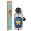 Easter Set, metallic silver aluminum water bottle (500ml) & scented flat Easter candle (30cm) (TURQUOISE)