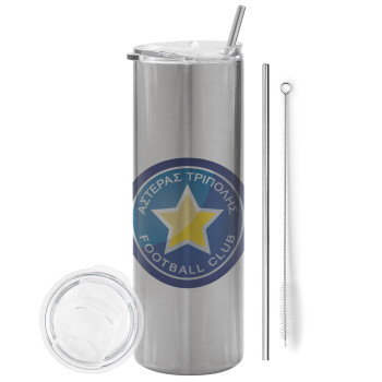 Asteras Tripolis, Eco friendly stainless steel Silver tumbler 600ml, with metal straw & cleaning brush