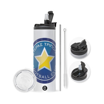 Asteras Tripolis, Travel Tumbler 2 Lids, with metal straw & cleaning brush (Stainless steel 304 Food grade, BPA free, 600ml)