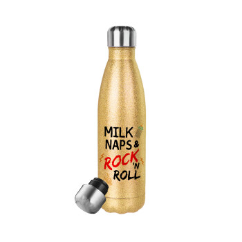 milk naps and Rock n' Roll, Μεταλλικό παγούρι θερμός Glitter χρυσό (Stainless steel), διπλού τοιχώματος, 500ml