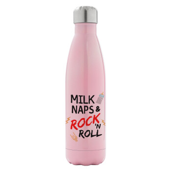 milk naps and Rock n' Roll, Μεταλλικό παγούρι θερμός Ροζ Ιριδίζον (Stainless steel), διπλού τοιχώματος, 500ml