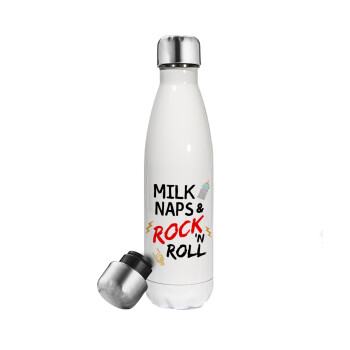 milk naps and Rock n' Roll, Μεταλλικό παγούρι θερμός Λευκό (Stainless steel), διπλού τοιχώματος, 500ml