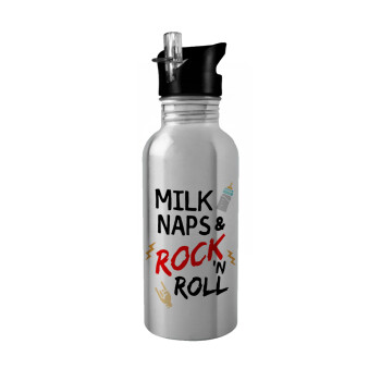 milk naps and Rock n' Roll, Water bottle Silver with straw, stainless steel 600ml